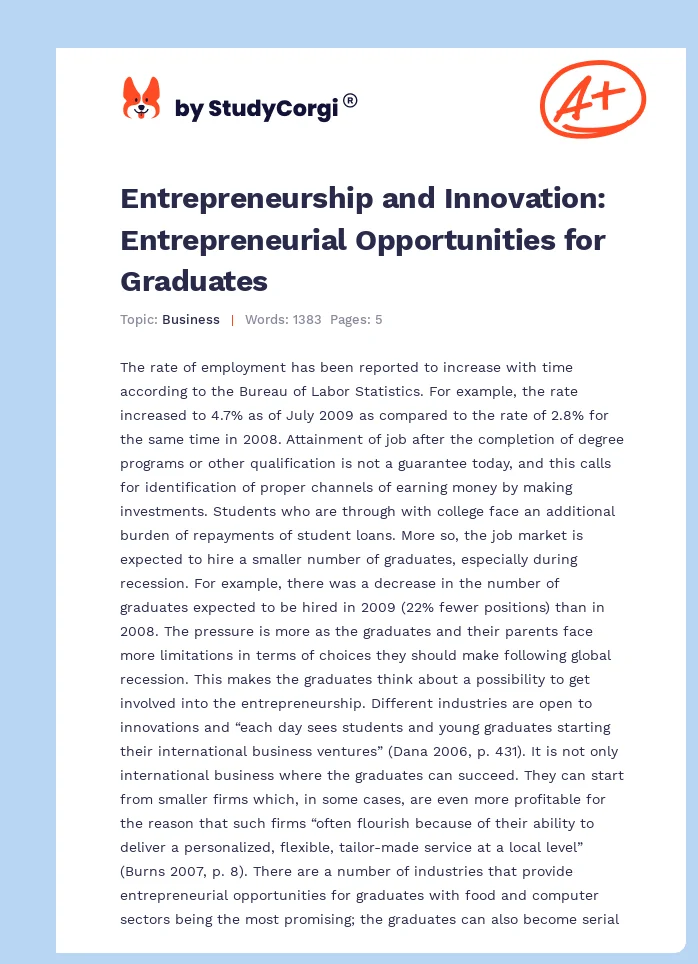 Entrepreneurship and Innovation: Entrepreneurial Opportunities for Graduates. Page 1