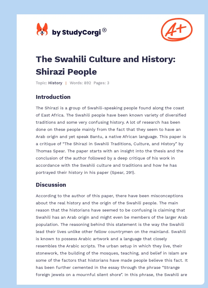 The Swahili Culture and History: Shirazi People. Page 1