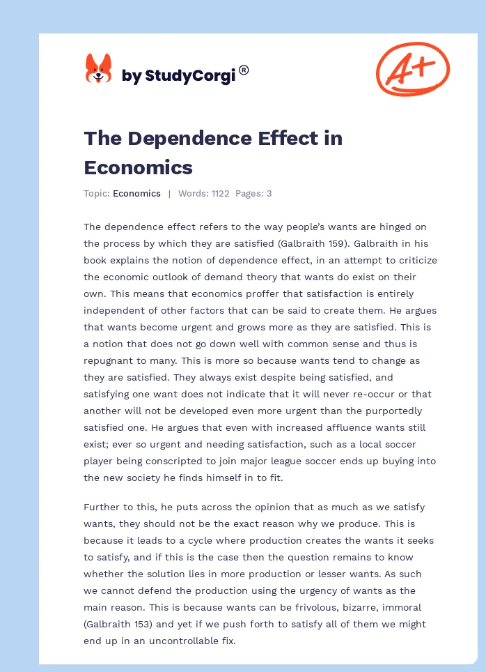 The Dependence Effect in Economics. Page 1