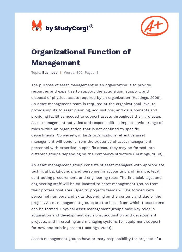 Organizational Function of Management. Page 1