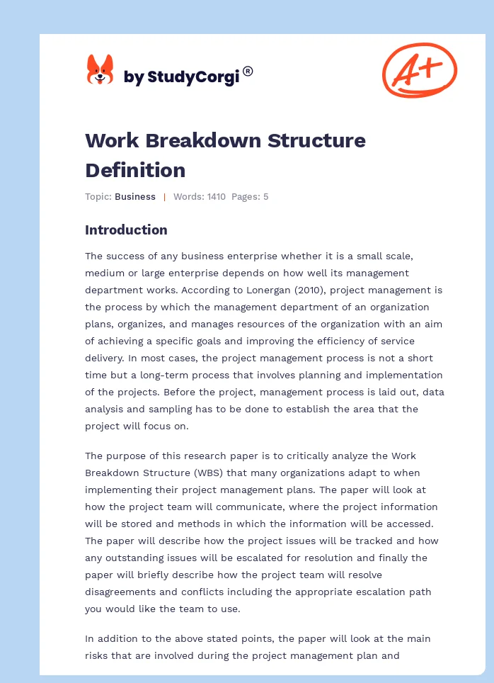 Work Breakdown Structure Definition. Page 1