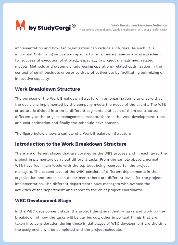 Work Breakdown Structure Definition. Page 2