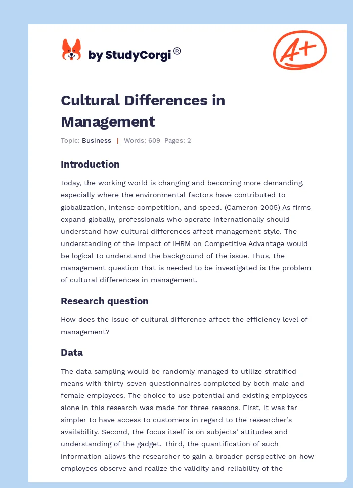 Cultural Differences in Management. Page 1