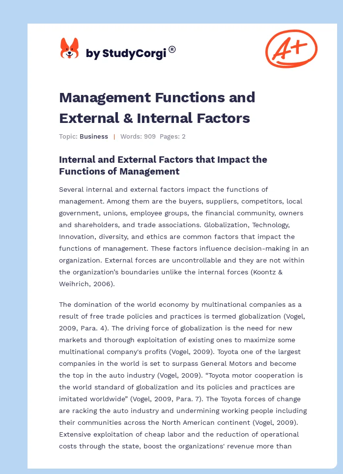 Management Functions and External & Internal Factors. Page 1