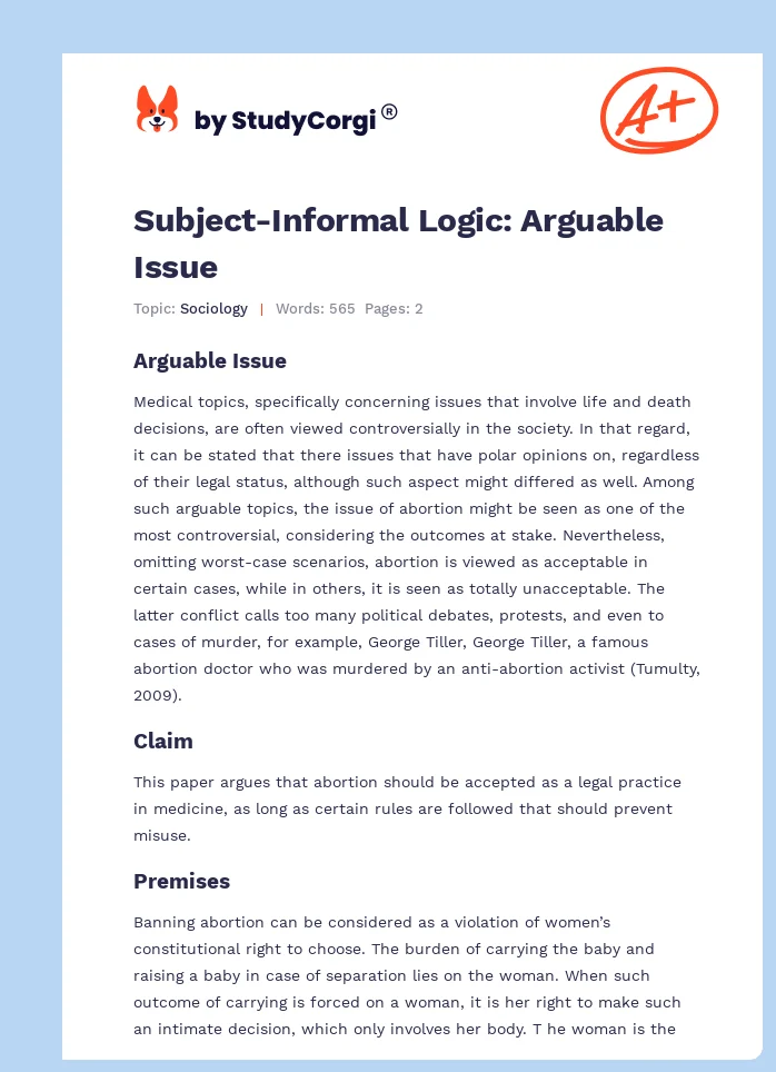 Subject-Informal Logic: Arguable Issue. Page 1