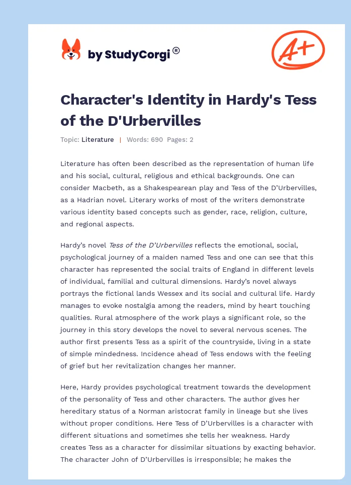 Character's Identity in Hardy's Tess of the D'Urbervilles. Page 1