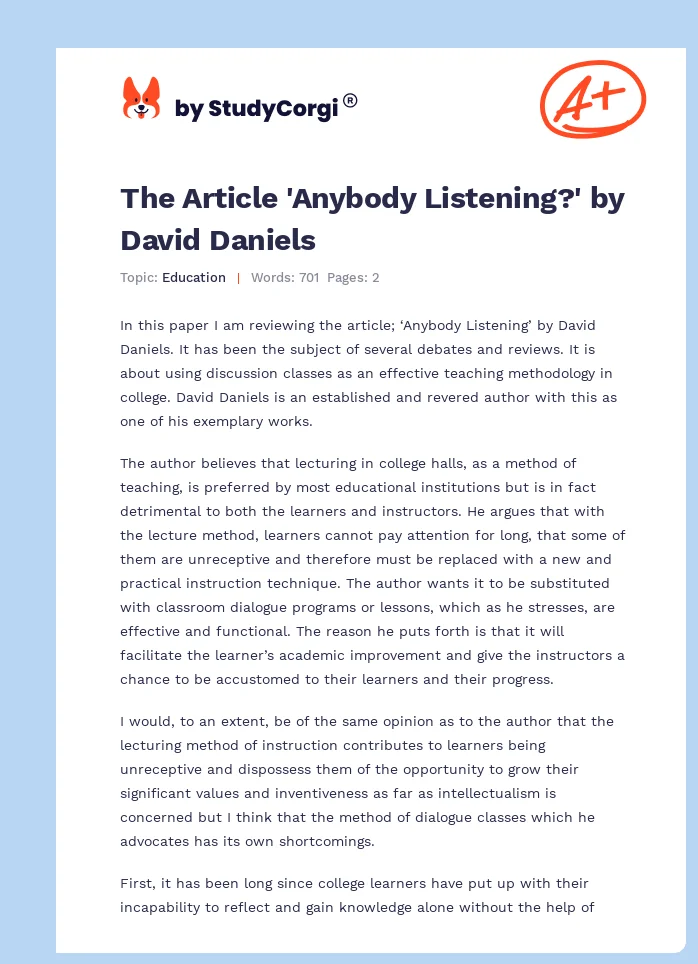 The Article 'Anybody Listening?' by David Daniels. Page 1