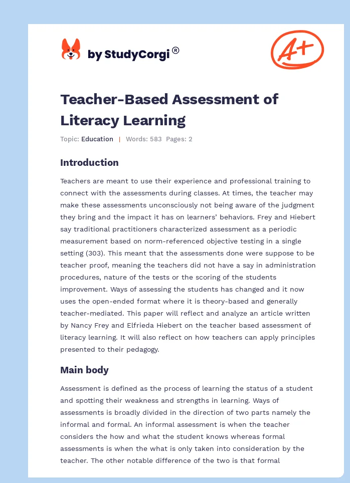 Teacher-Based Assessment of Literacy Learning. Page 1