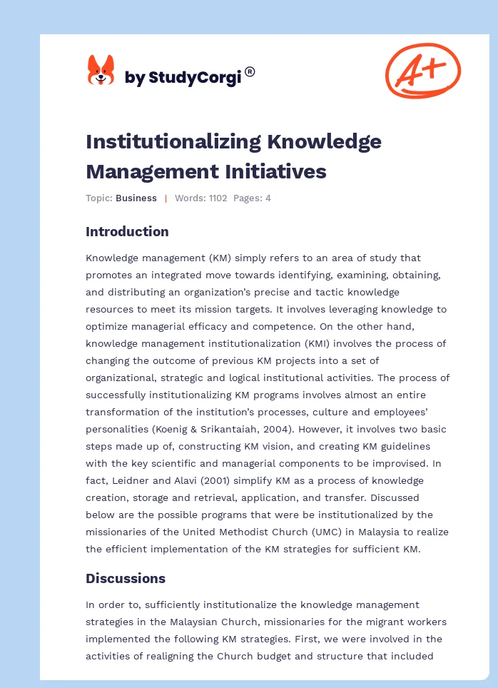 Institutionalizing Knowledge Management Initiatives. Page 1