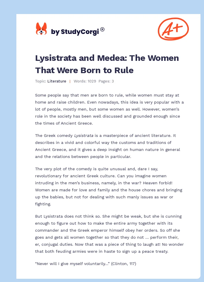 Lysistrata and Medea: The Women That Were Born to Rule. Page 1