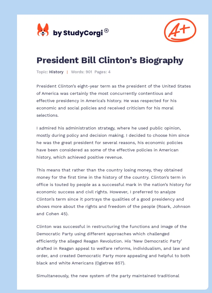 President Bill Clinton’s Biography. Page 1