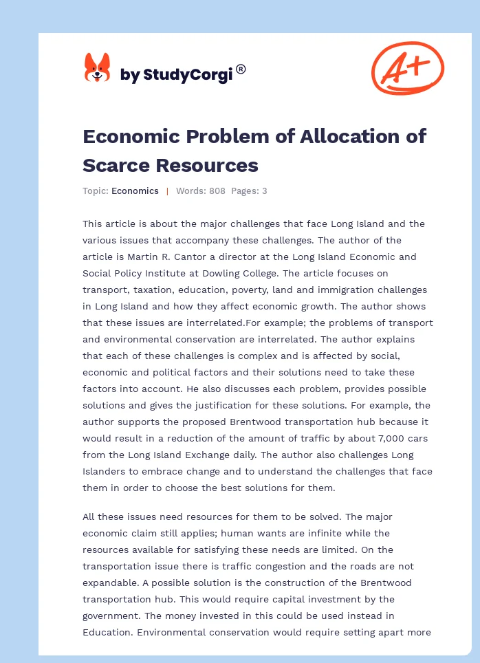 Economic Problem of Allocation of Scarce Resources. Page 1