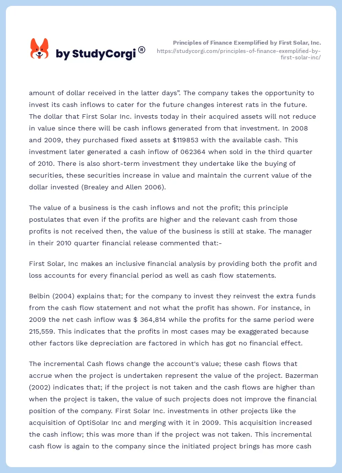 Principles of Finance Exemplified by First Solar, Inc.. Page 2
