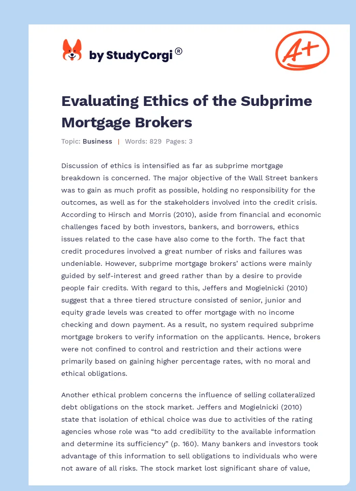 Evaluating Ethics of the Subprime Mortgage Brokers. Page 1