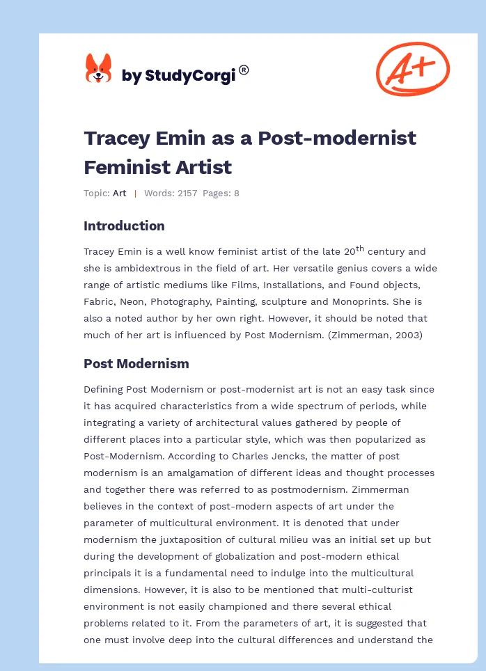 Tracey Emin as a Post-modernist Feminist Artist. Page 1