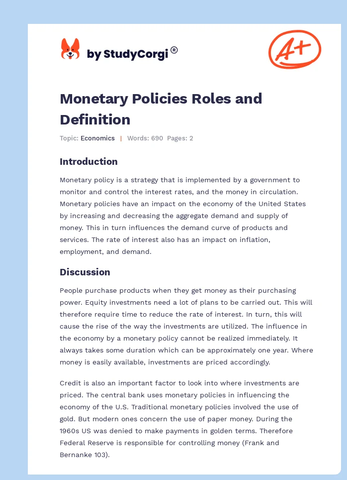 Monetary Policies Roles and Definition. Page 1