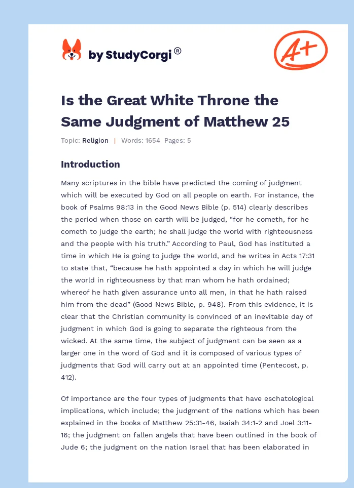Is the Great White Throne the Same Judgment of Matthew 25. Page 1
