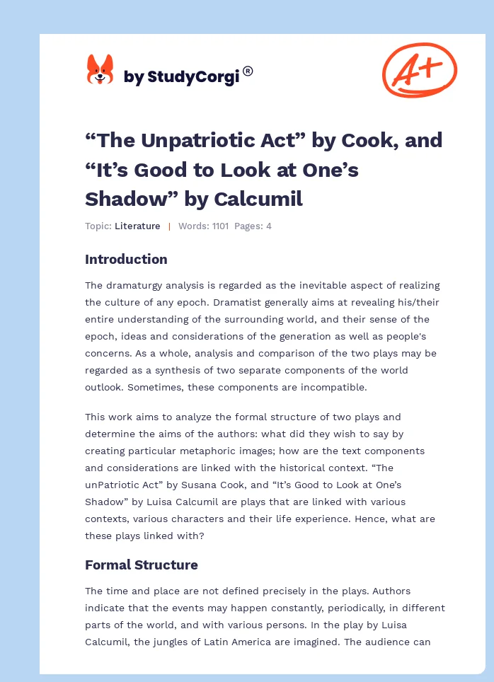 “The Unpatriotic Act” by Cook, and “It’s Good to Look at One’s Shadow” by Calcumil. Page 1