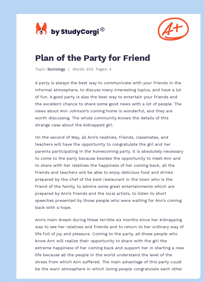 Plan of the Party for Friend. Page 1