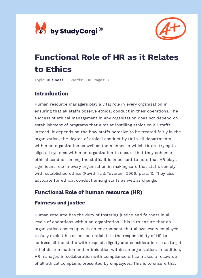Functional Role of HR as it Relates to Ethics. Page 1