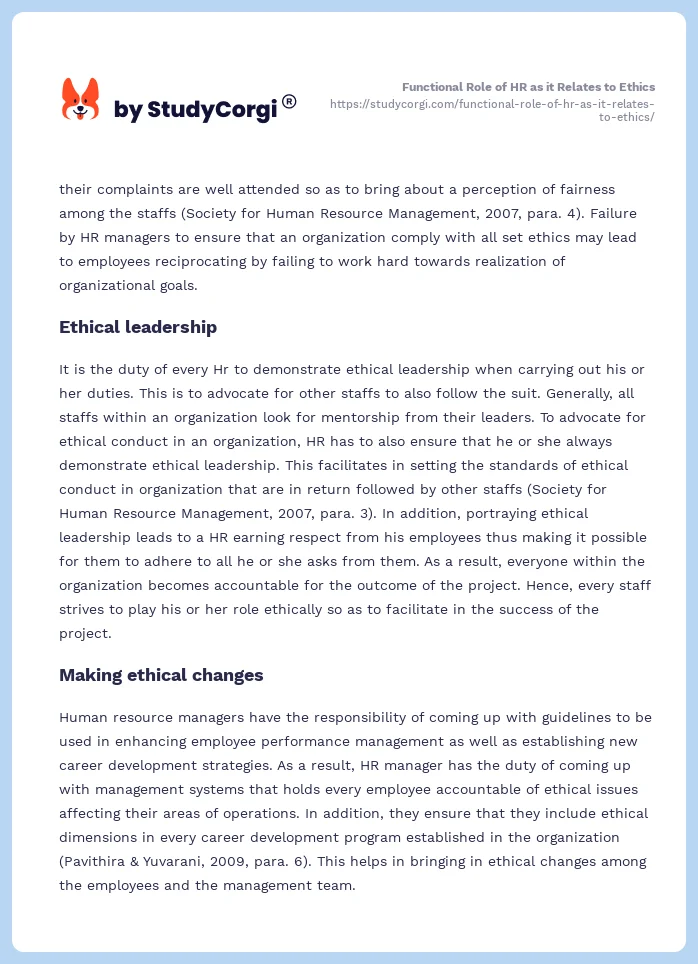 Functional Role of HR as it Relates to Ethics. Page 2
