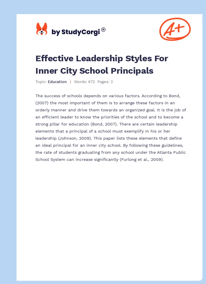 Effective Leadership Styles For Inner City School Principals. Page 1