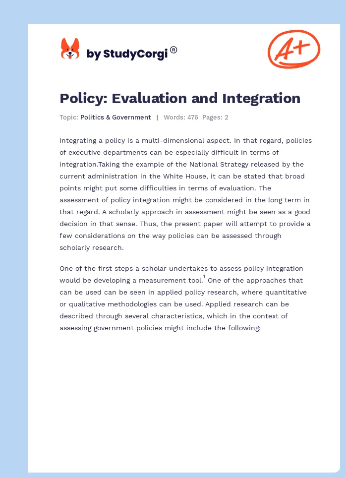 Policy: Evaluation and Integration. Page 1
