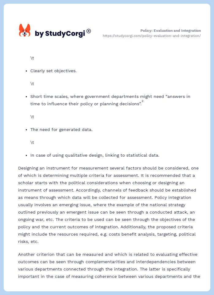Policy: Evaluation and Integration. Page 2