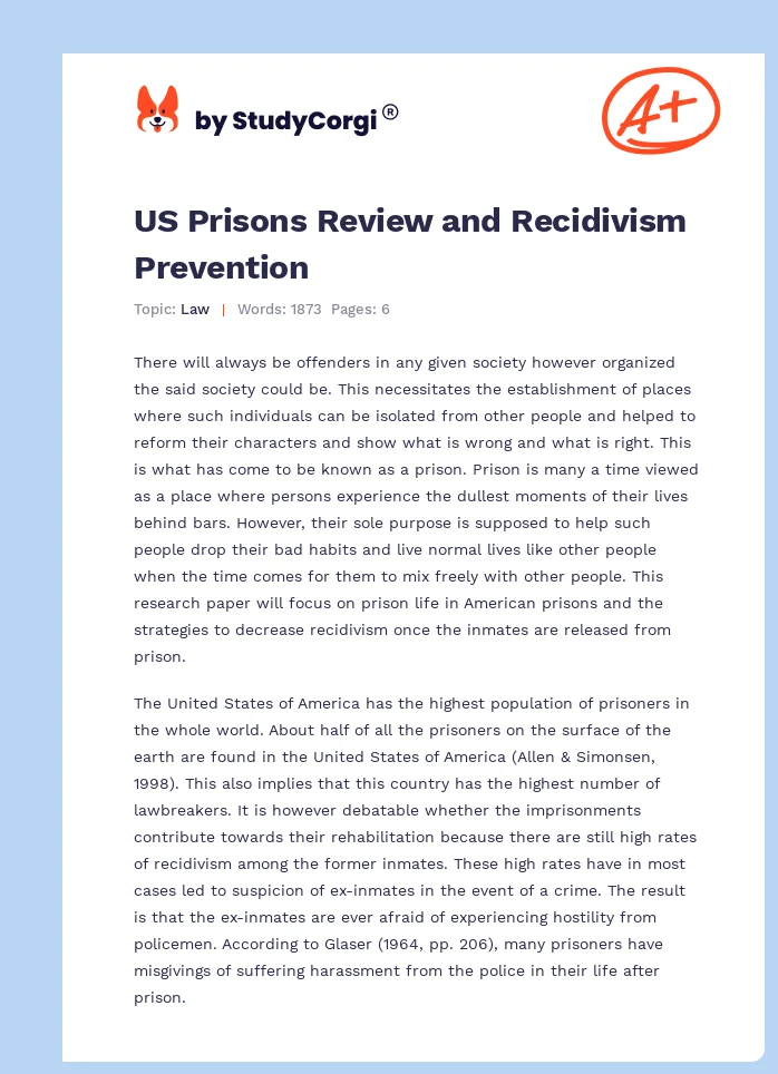 US Prisons Review and Recidivism Prevention. Page 1