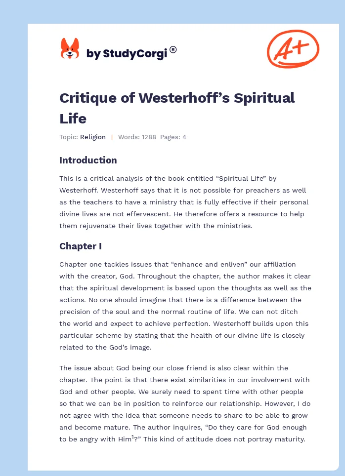Critique of Westerhoff’s Spiritual Life. Page 1