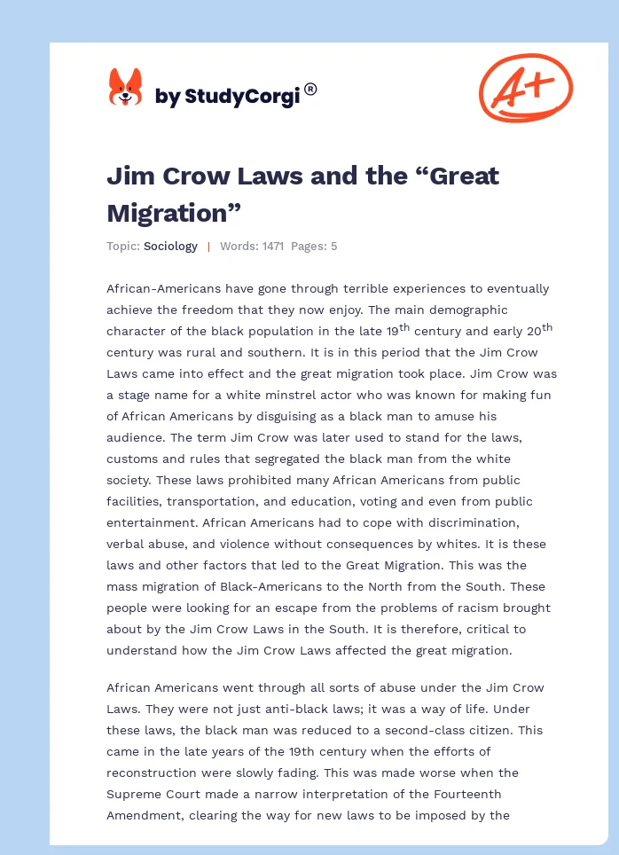 Jim Crow Laws and the “Great Migration”. Page 1