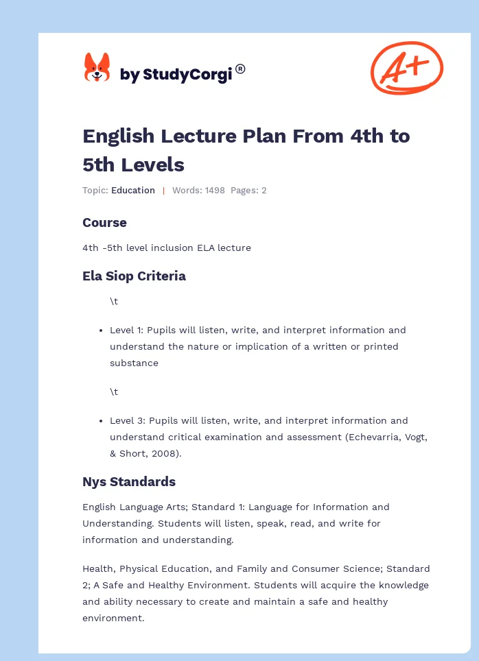 English Lecture Plan From 4th to 5th Levels. Page 1