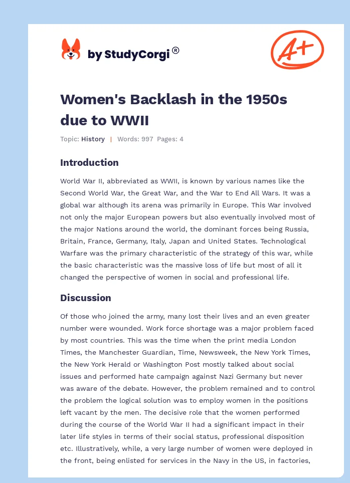 Women's Backlash in the 1950s due to WWII. Page 1