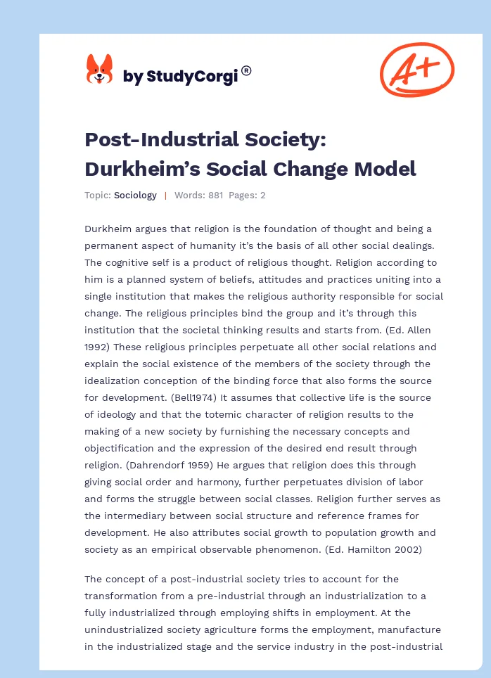 Post-Industrial Society: Durkheim’s Social Change Model. Page 1