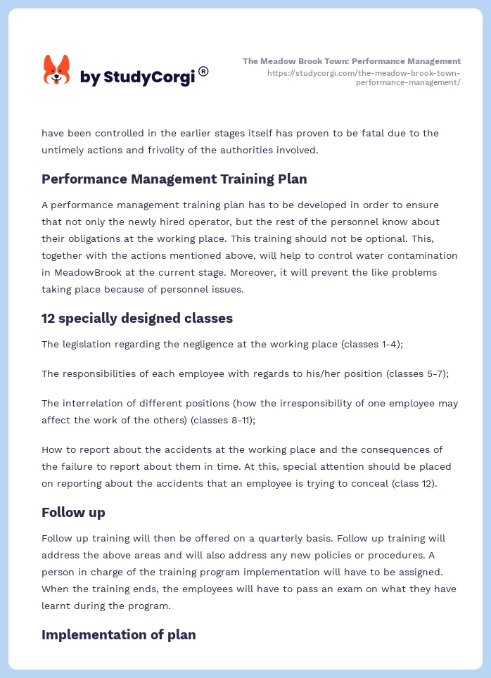 The Meadow Brook Town: Performance Management. Page 2