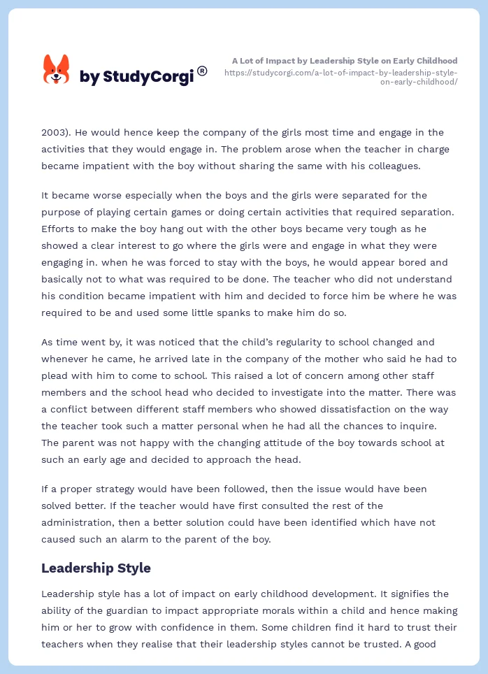 A Lot of Impact by Leadership Style on Early Childhood. Page 2