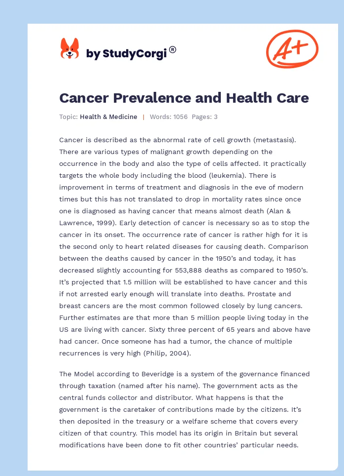 Cancer Prevalence and Health Care. Page 1