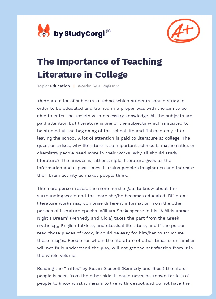 The Importance of Teaching Literature in College. Page 1