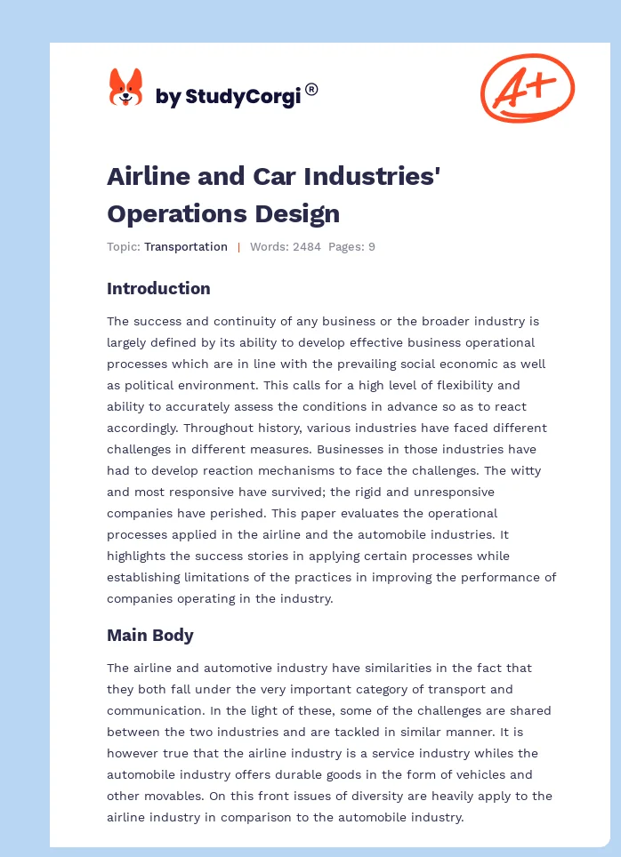 Airline and Car Industries' Operations Design. Page 1