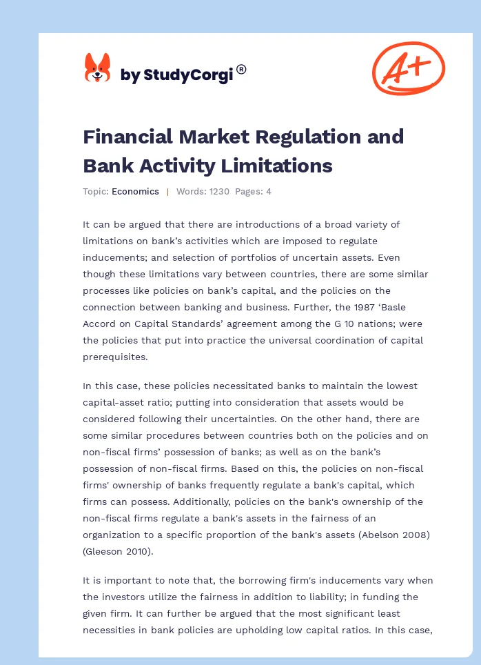 Financial Market Regulation and Bank Activity Limitations. Page 1