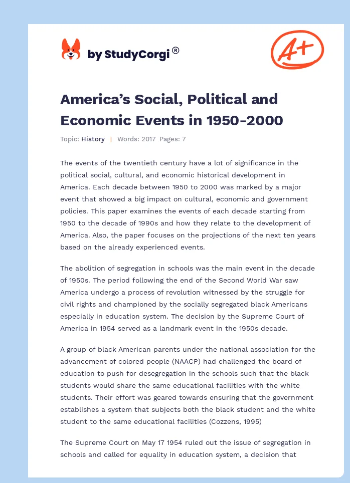 America’s Social, Political and Economic Events in 1950-2000. Page 1