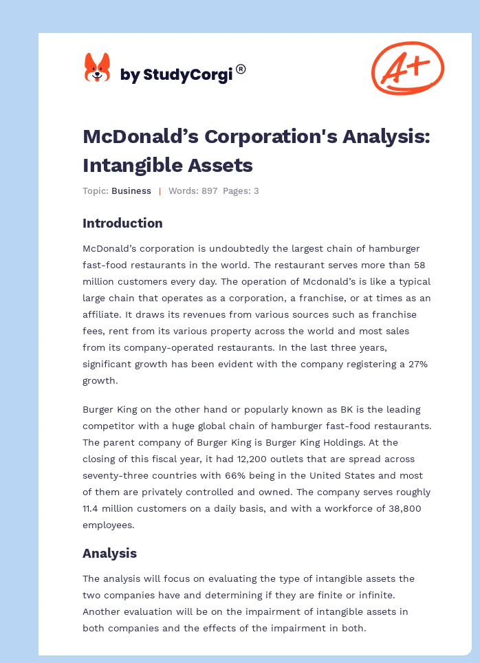 McDonald’s Corporation's Analysis: Intangible Assets. Page 1