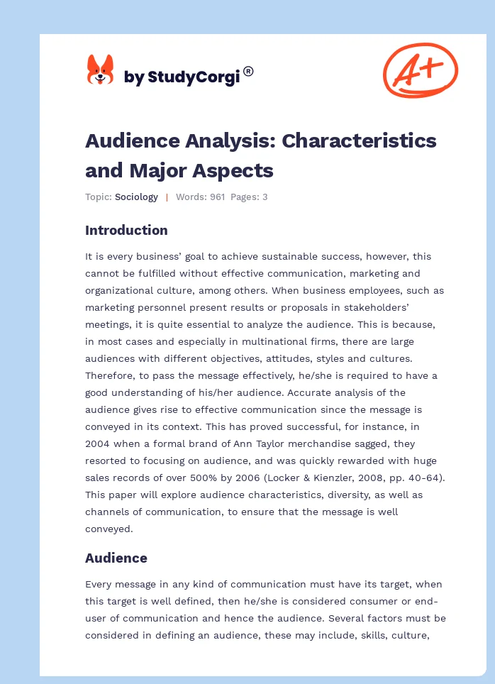 Audience Analysis: Characteristics and Major Aspects. Page 1