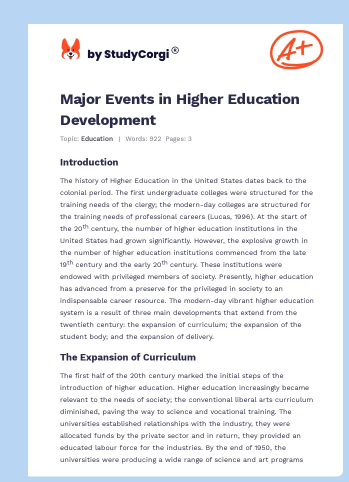 Major Events in Higher Education Development. Page 1