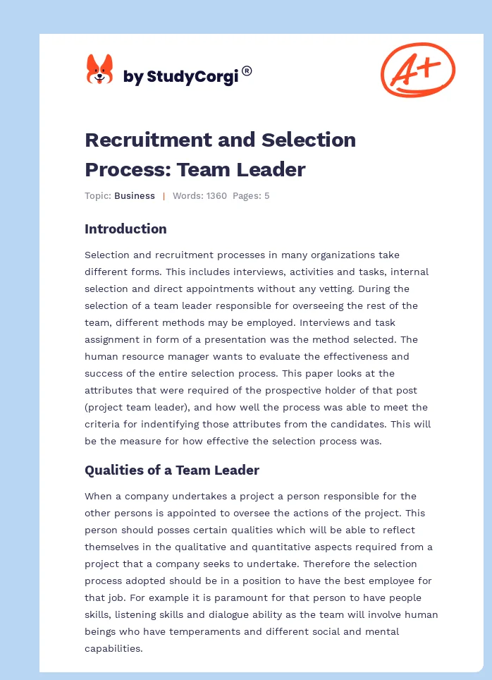 Recruitment and Selection Process: Team Leader. Page 1