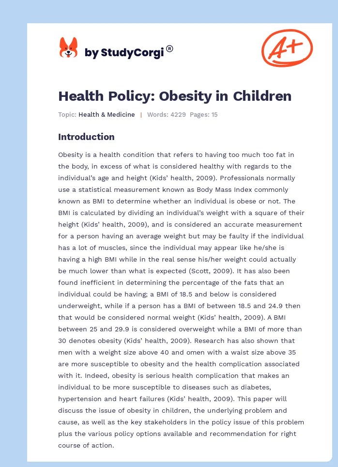 Health Policy: Obesity in Children. Page 1