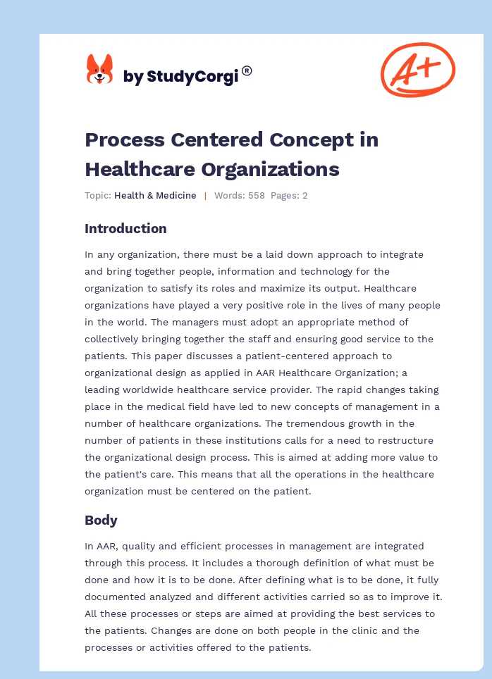 Process Centered Concept in Healthcare Organizations. Page 1
