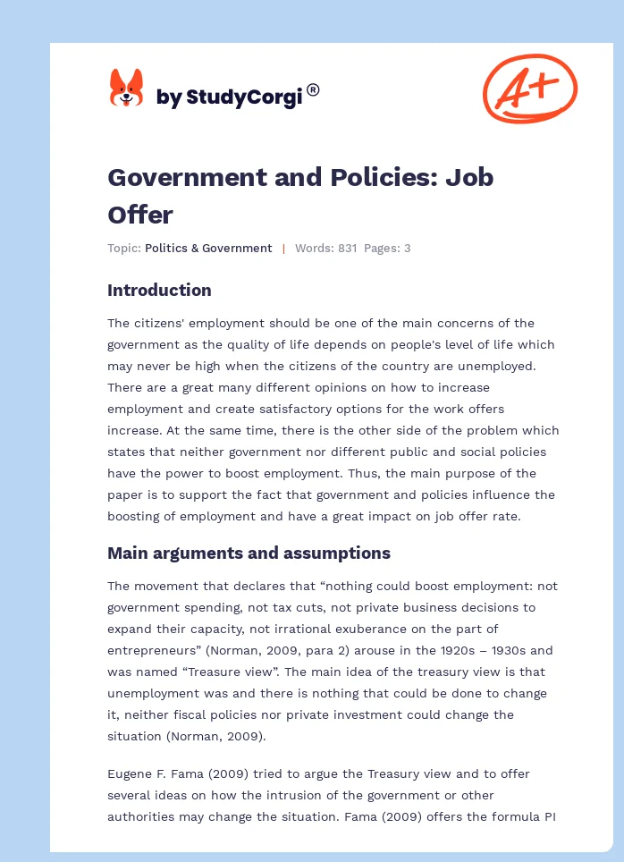 Government and Policies: Job Offer. Page 1
