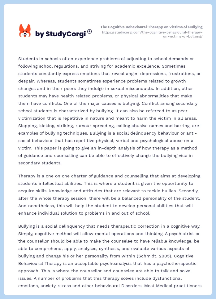 The Cognitive Behavioural Therapy on Victims of Bullying. Page 2