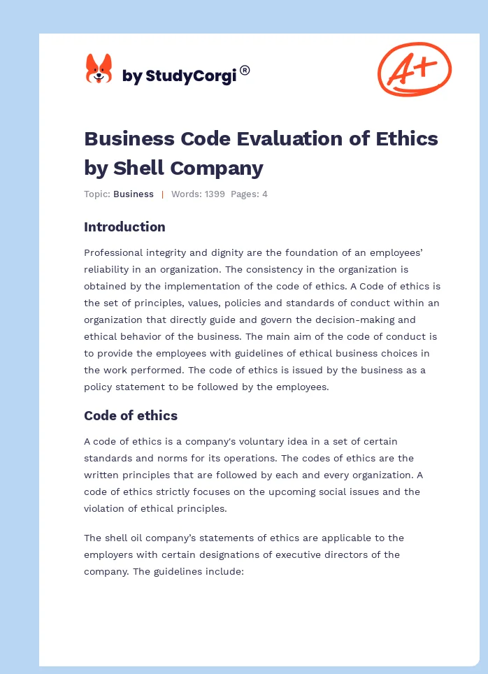 Business Code Evaluation of Ethics by Shell Company. Page 1